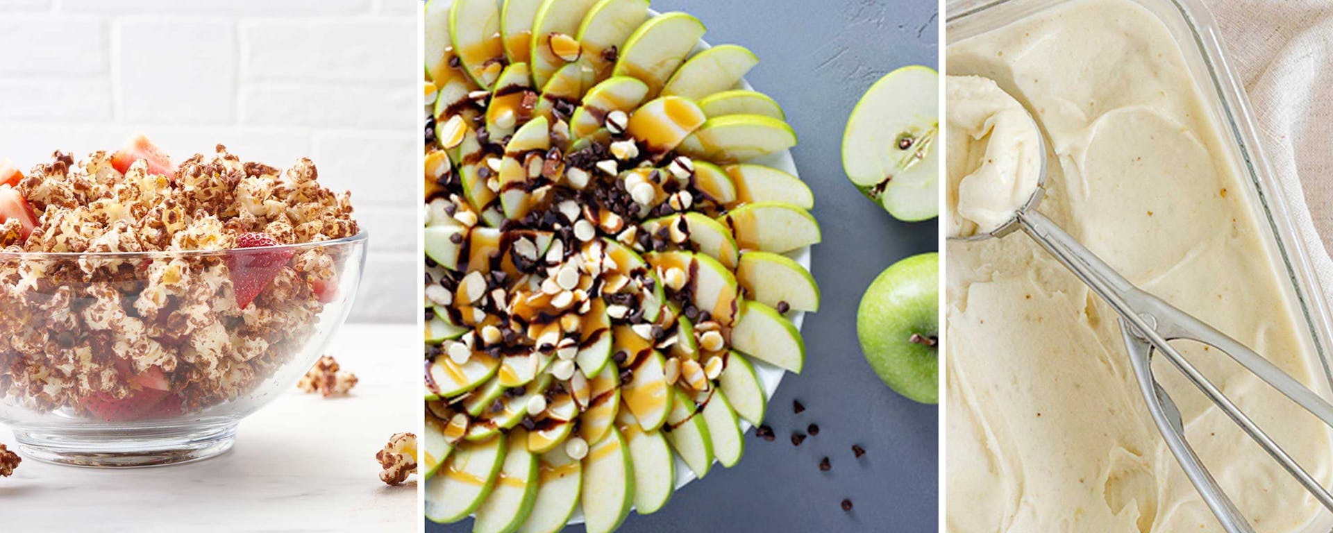 Three photos of healthy snacks: apple nachos, chocolate protein popcorn and banana ice cream.