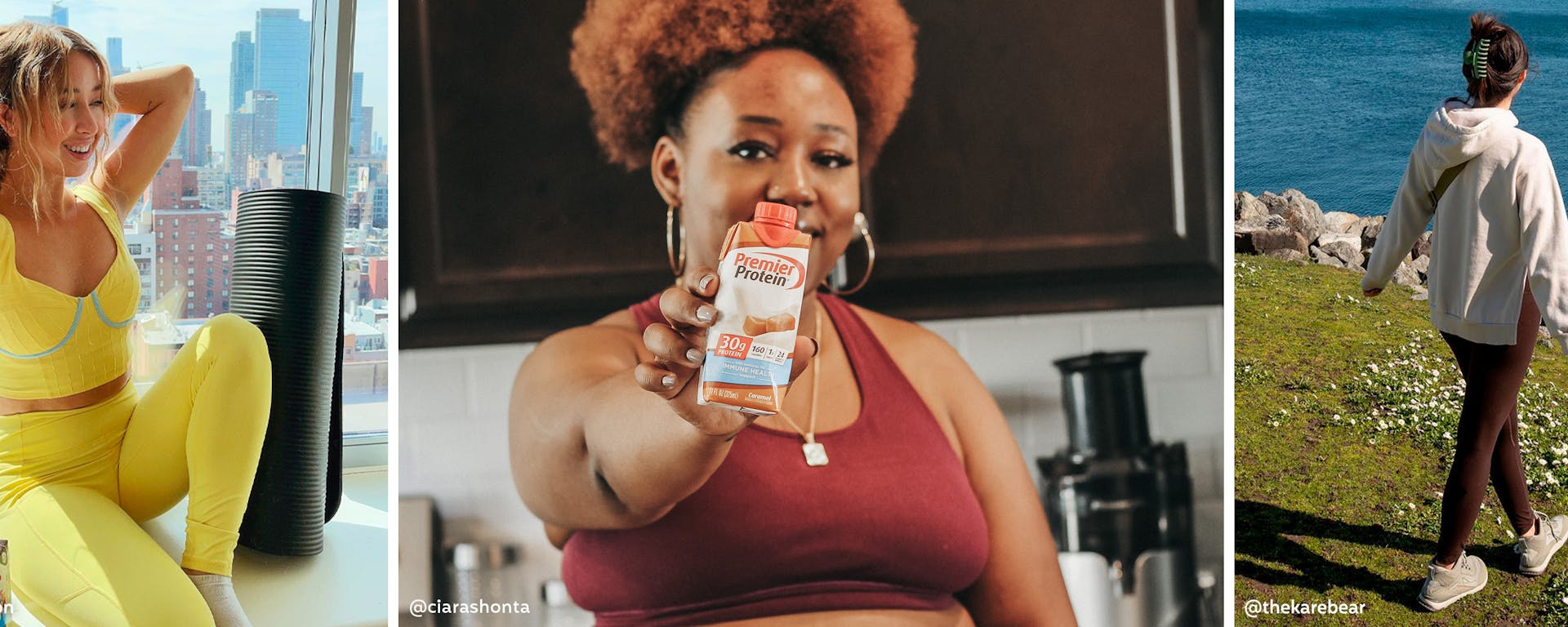 Three photos, each one of a woman exercising.  One woman is holding a Premier Protein shake.