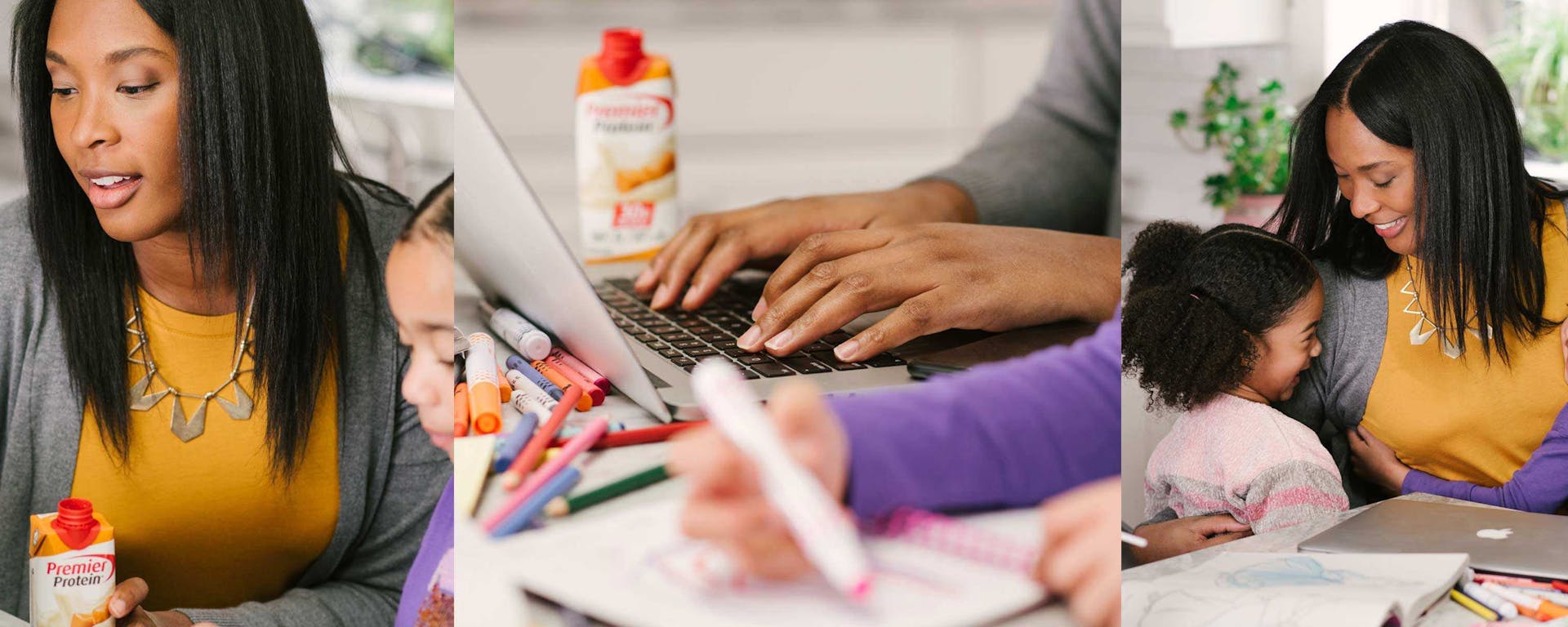 A mom drinking Premier Protein while helping her children with homework on a computer.