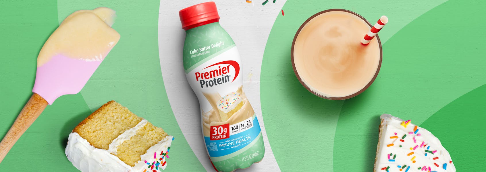 A photo of Premier Protein 11.5oz Cake Batter Delight Protein Shake.