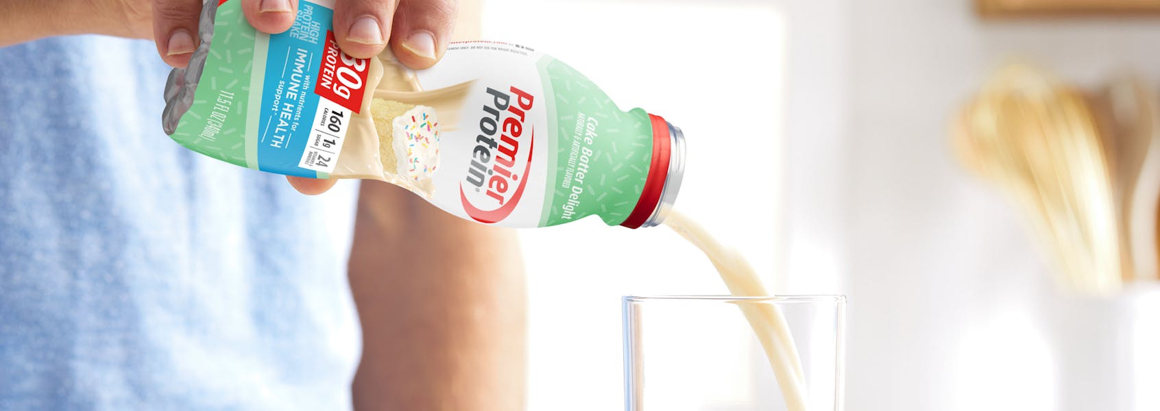 A photo of Premier Protein 11.5oz Cake Batter Delight Protein Shake.