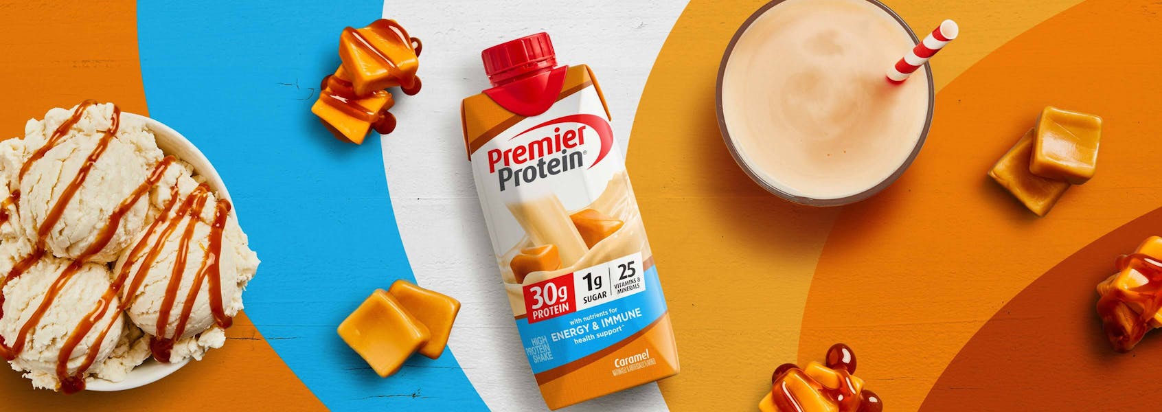 A photo of Premier Protein Caramel Protein Shake with Energy & Immune Support.