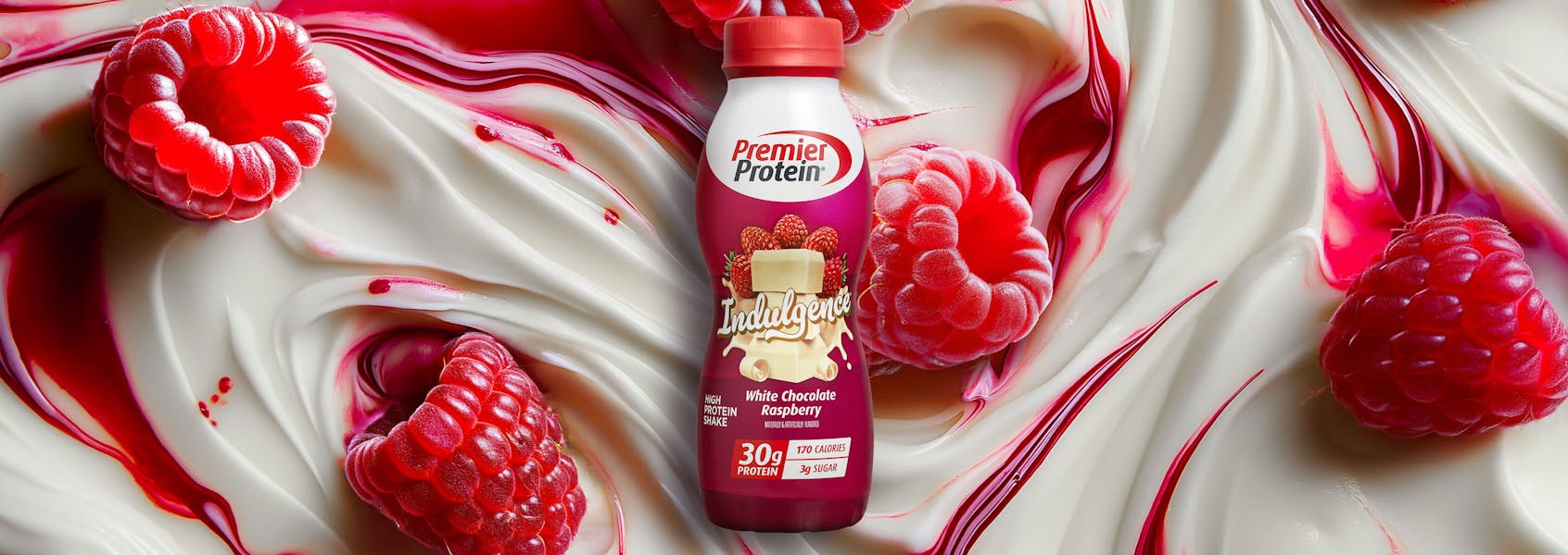 A photo of Premier Protein White Chocolate Raspberry Indulgence Protein Shake (11.5oz).