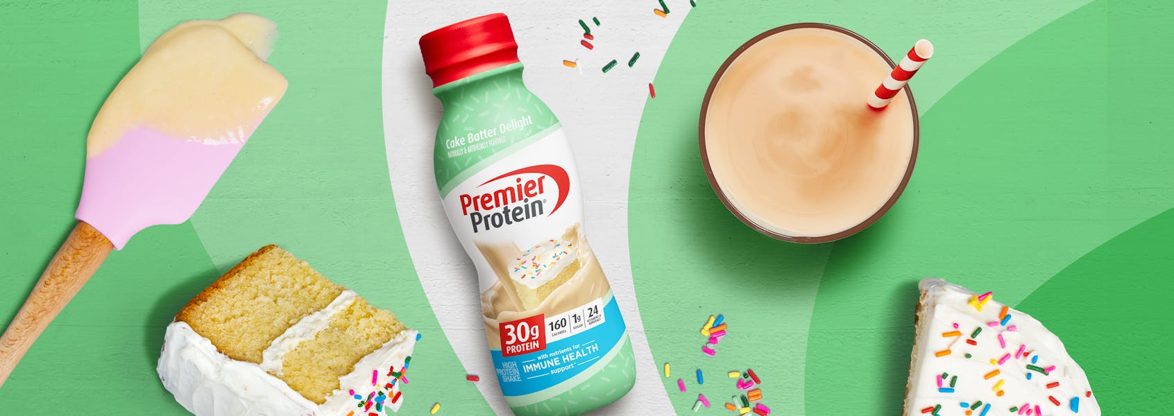 A photo of Premier Protein 11.5oz Cake Batter Delight Protein Shake.