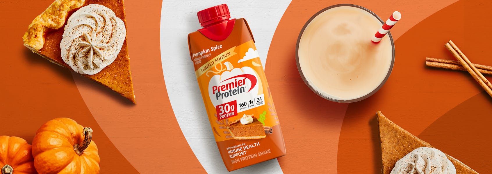 A photo of Premier Protein Pumpkin Spice Protein Shake.