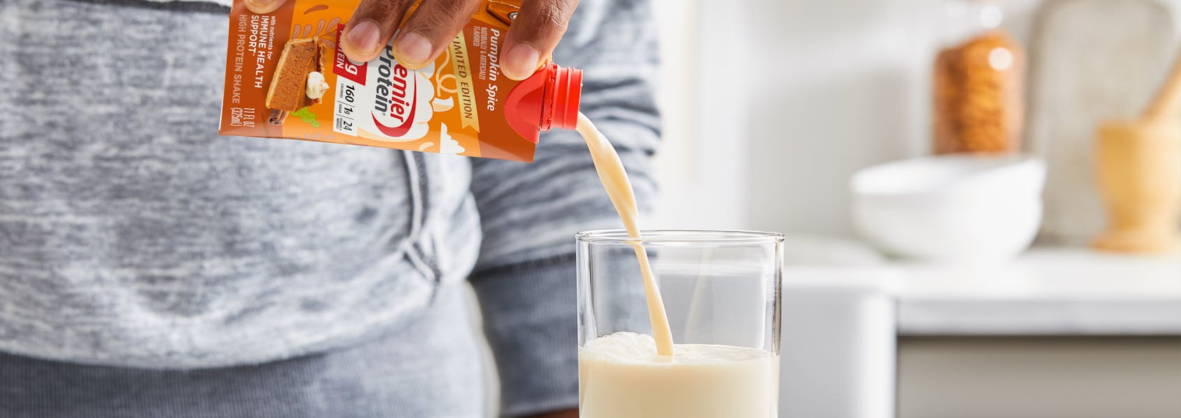 A photo of Premier Protein Pumpkin Spice Protein Shake.