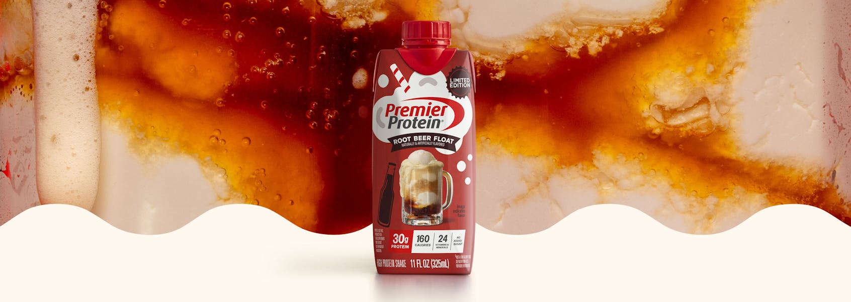 A photo of Premier Protein Root Beer Float Protein Shake.