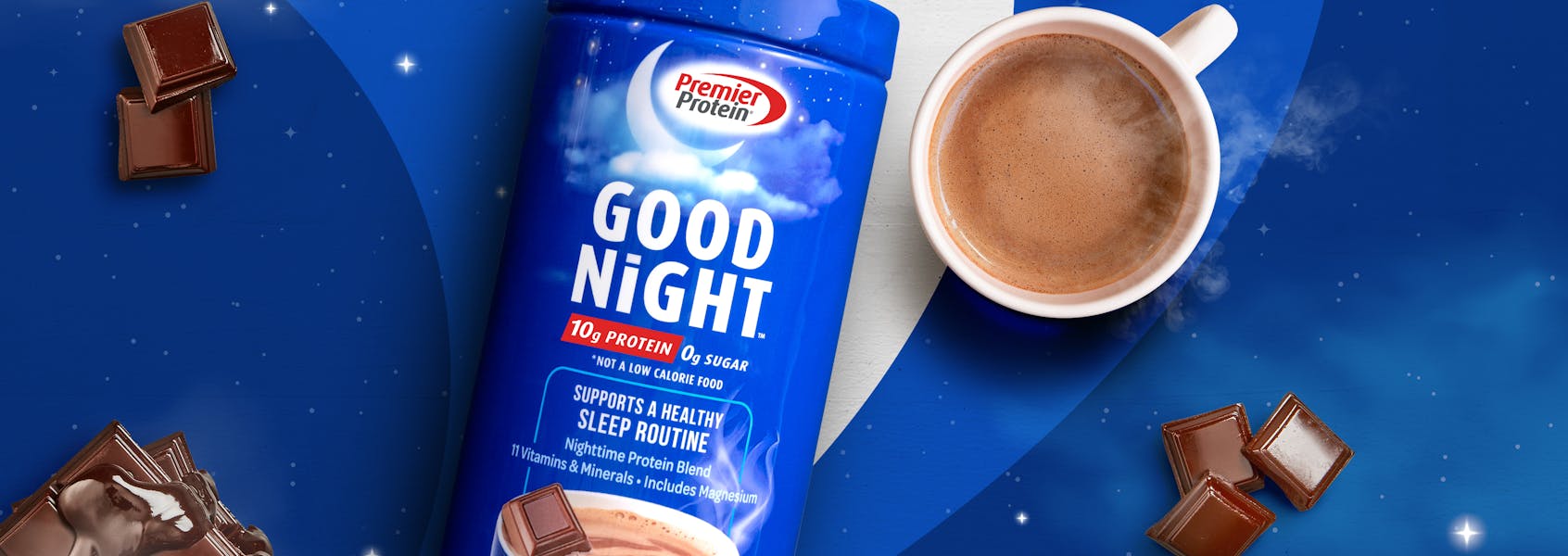 A photo of Premier Protein Cozy Cocoa Good Night™ Protein Hot Cocoa Mix.