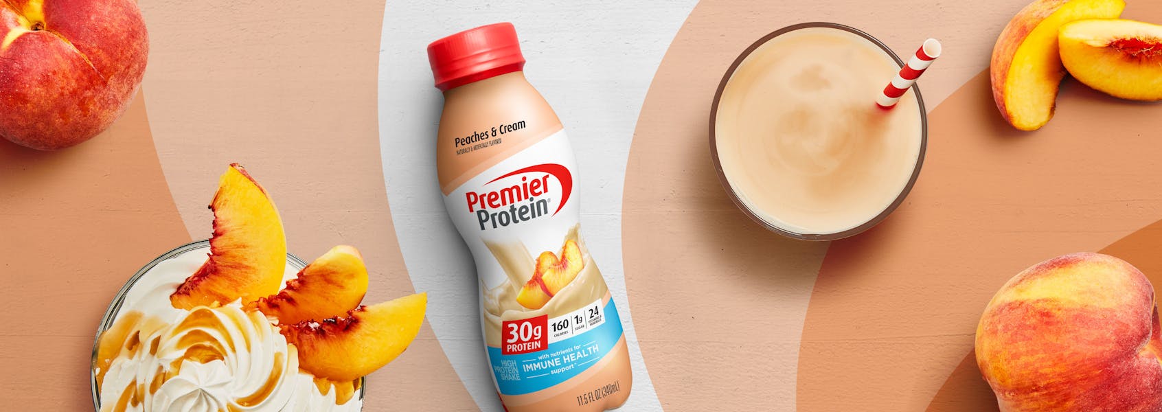 A photo of Premier Protein Peaches & Cream Protein Shake (11.5oz).