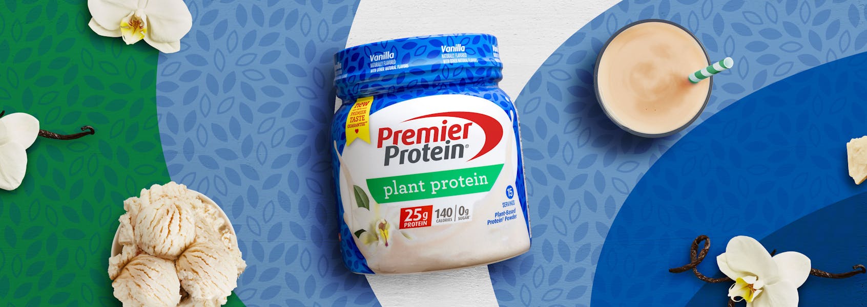 A photo of Premier Protein Vanilla Plant Protein Powder.