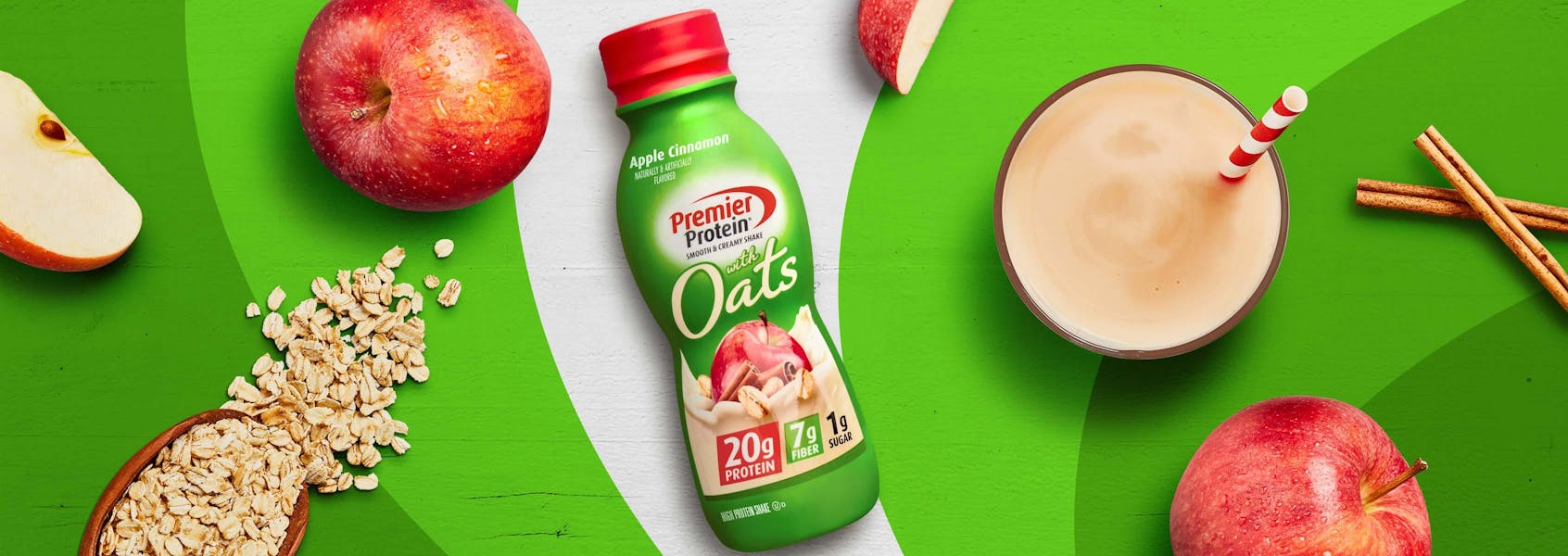 A photo of Premier Protein 11.5oz Apple Cinnamon Protein Shake with Oats.
