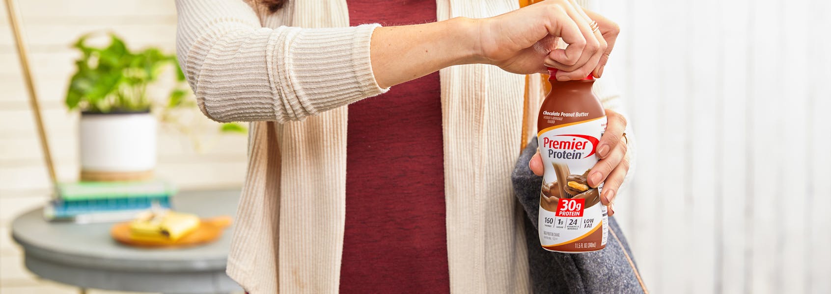 A photo of Premier Protein 11.5oz Chocolate Peanut Butter Protein Shake.