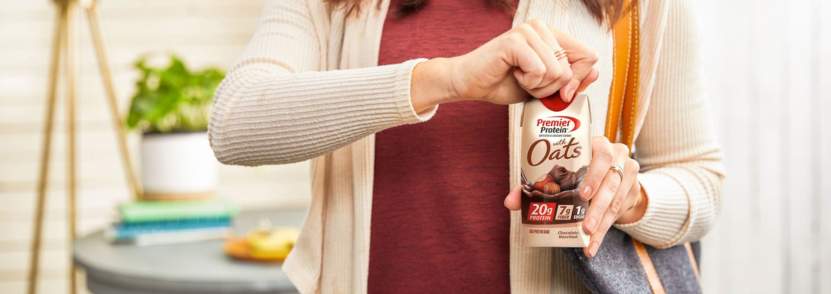 A photo of Premier Protein Chocolate Hazelnut Protein Shake with Oats.