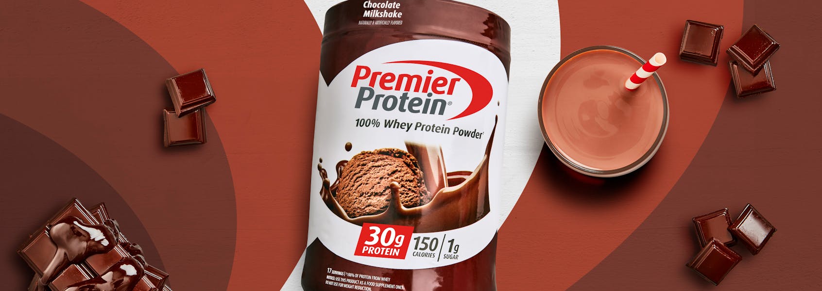 A photo of Premier Protein Chocolate Milkshake Protein Powder.