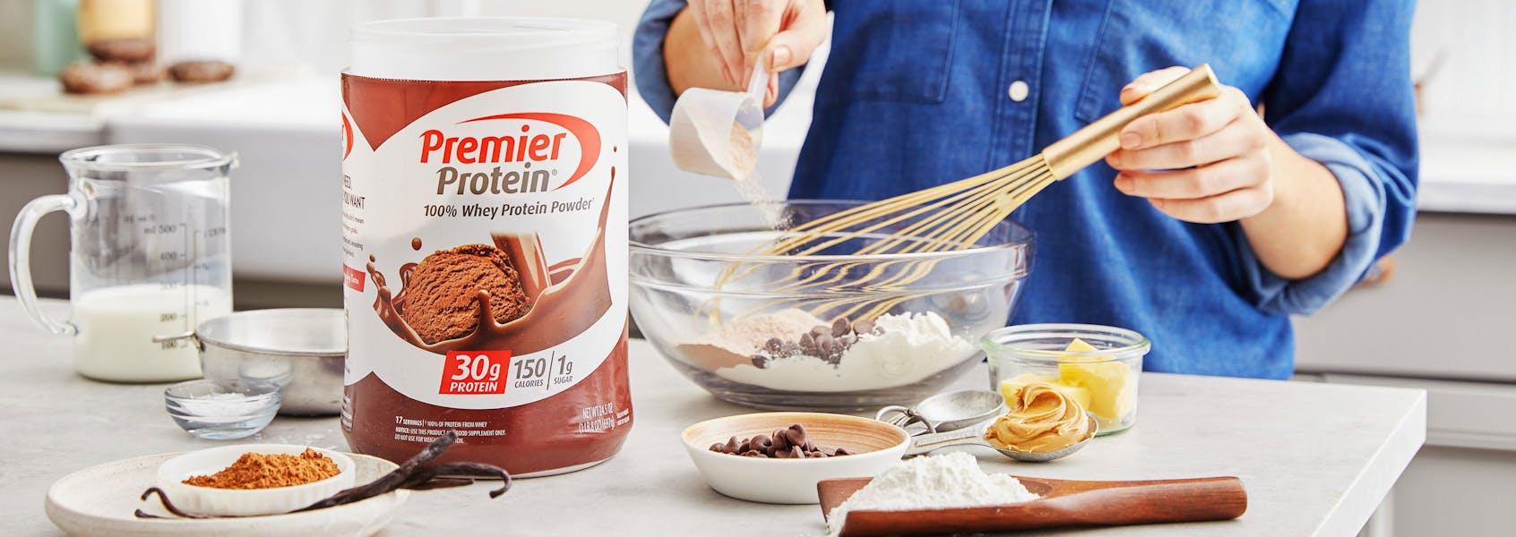A photo of Premier Protein Chocolate Milkshake Protein Powder.