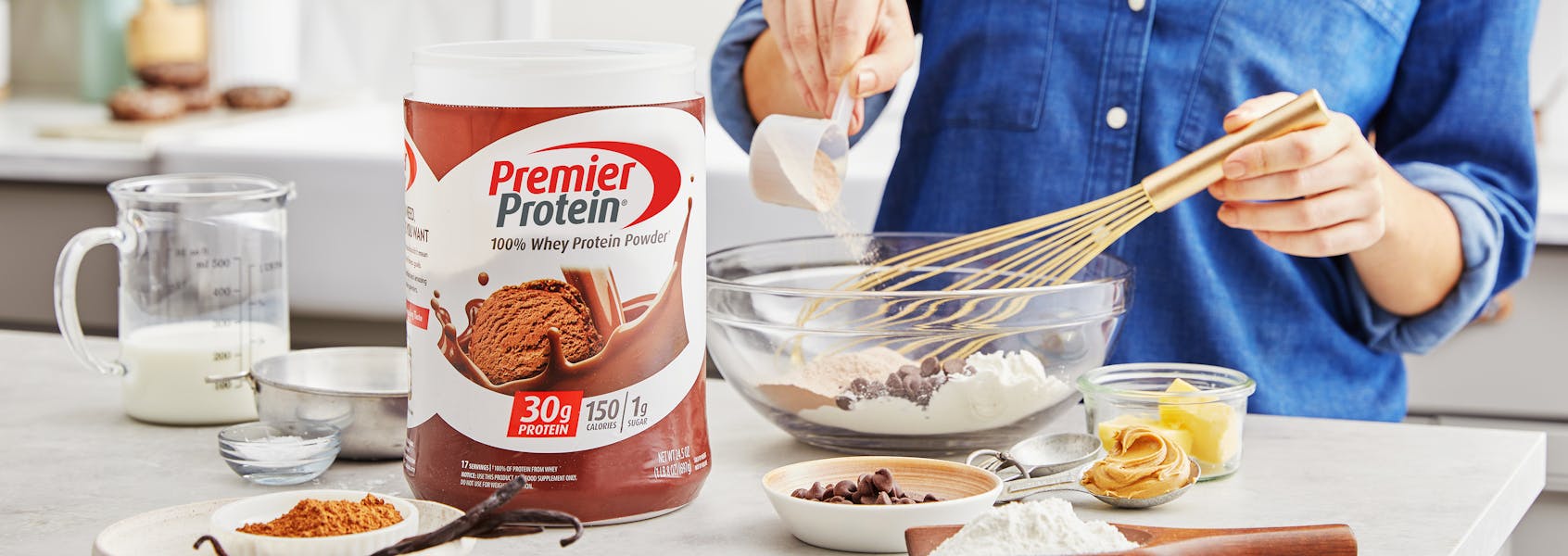 A photo of Premier Protein Chocolate Milkshake Protein Powder.