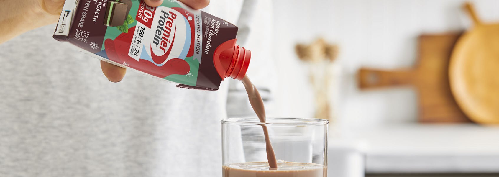 A photo of Premier Protein Winter Mint Chocolate Protein Shake.