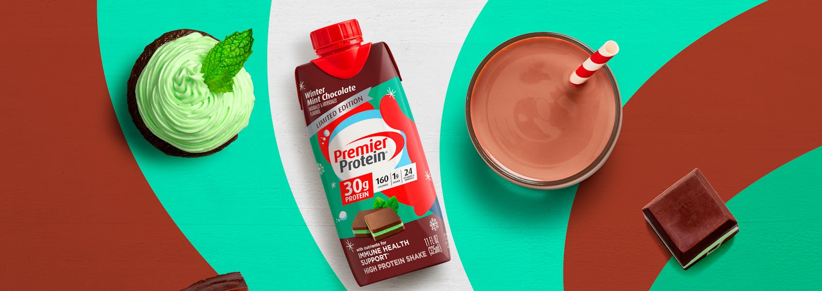 A photo of Premier Protein Winter Mint Chocolate Protein Shake.