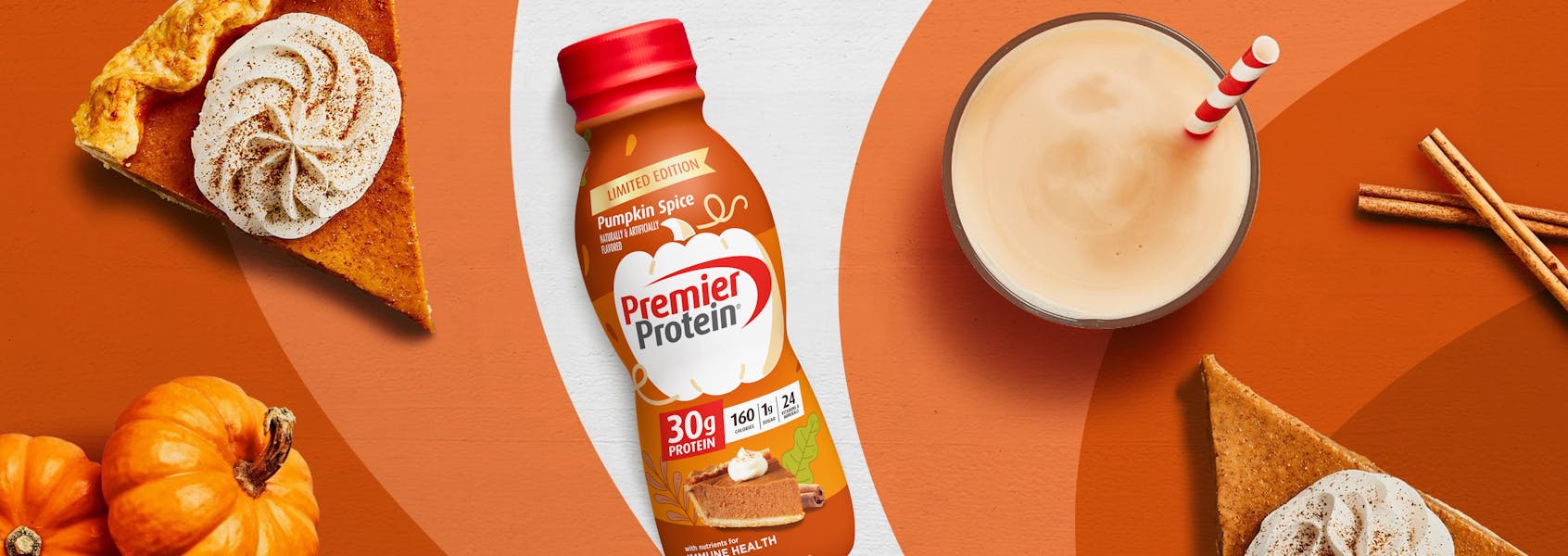 A photo of Premier Protein 11.5oz Pumpkin Spice Protein Shake.